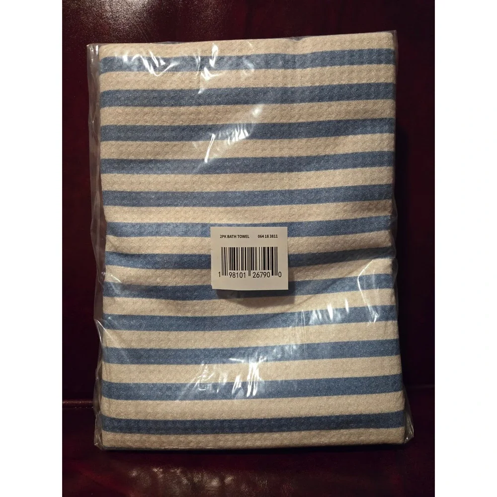 Pair of Blue White Stripe Bath Towel Cotton Blend Quick‎ Dry Soft Absorbent